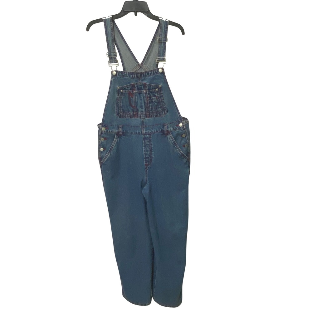 Y2K Granola Girl Juniors Womens Denim Overalls Red Contrast Stitching Blue Large